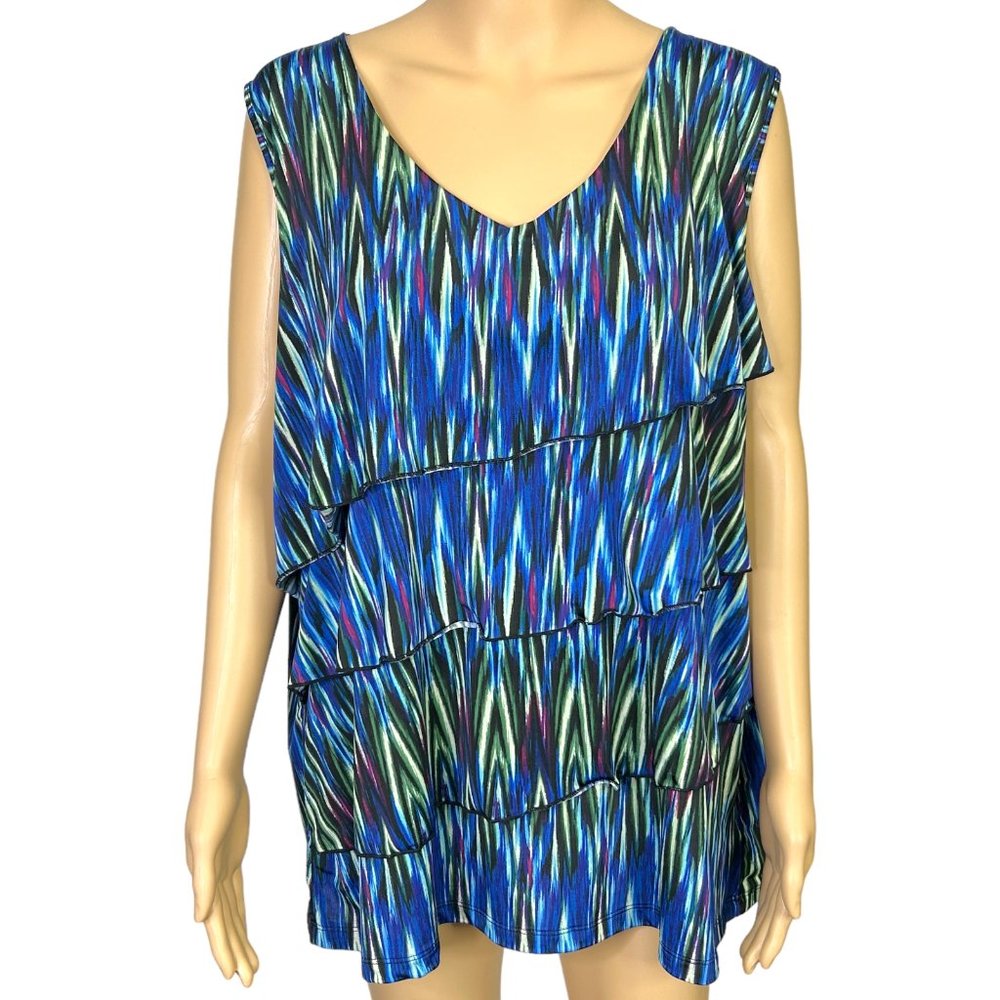 Rafaella Studio Womens 3X Blue Geometric Layered‎ Fabric Stretch Blouse Shirt
